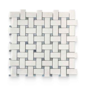 1×2 Thassos White Polished Blue Dot Basketweave Mosaic